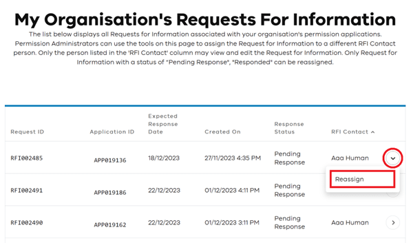 Select a Request for Information to assign